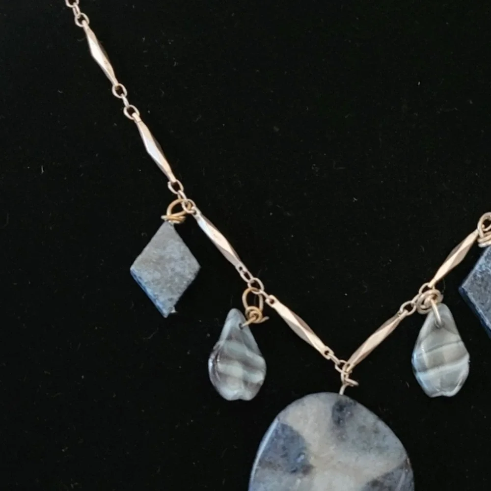 Vintage Blue Grey‎ Natural Stone Bohemian Silver Bar Link Multi Charm Necklace